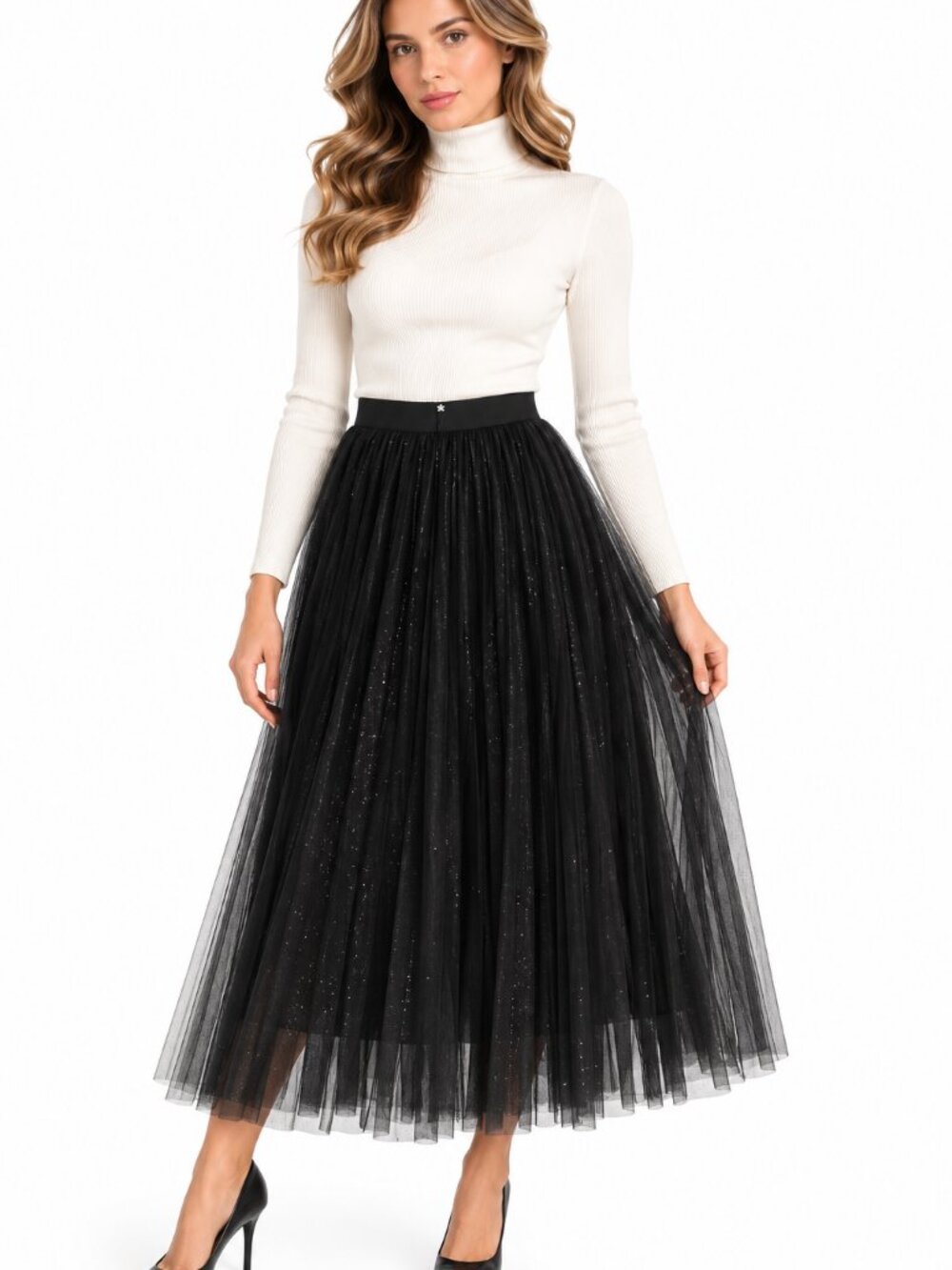 Molly Bracken Black Glitter Tulle Midi Skirt Size M/L NWT